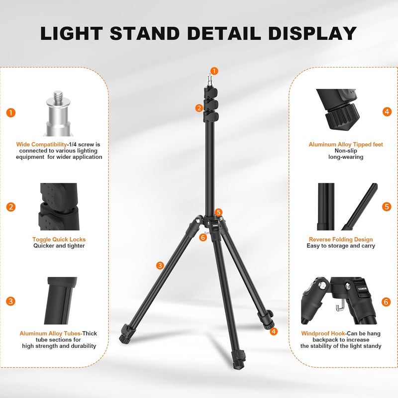 COMAN Extendable 6.23ft Light Stand, Adjustable Aluminum Tripod with 1/4" Screw - Portable, Reverse Folding Studio Lighting Stand for Strobe, Camera, Flash - Image 3